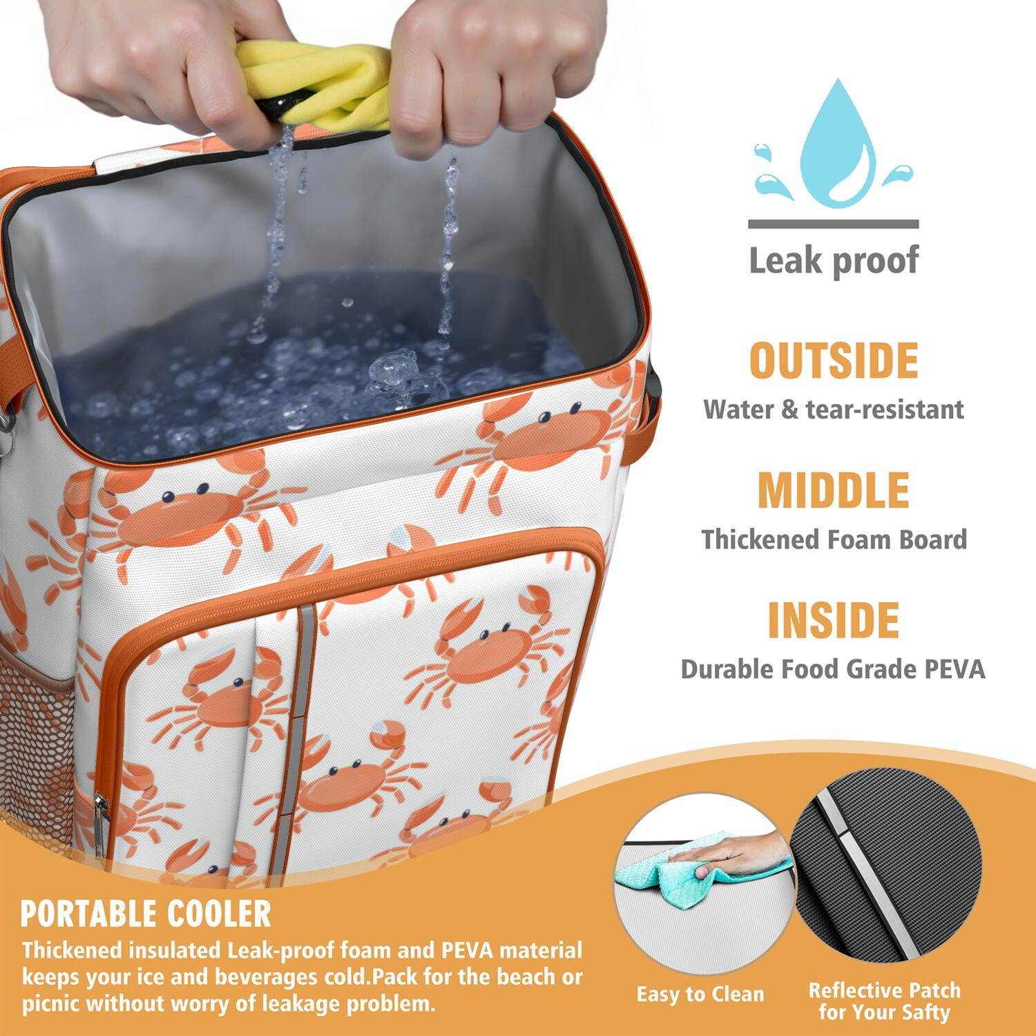 Camping Cooler Backpack 26 Cans,Insulated Backpack Insulated Leak Proof Travel Cooler Bag Waterproof Lunch Picnic Beach Work Trip Thermal Bag Drink Beverage Beer Bag Cooler Marine Adorable Crab
