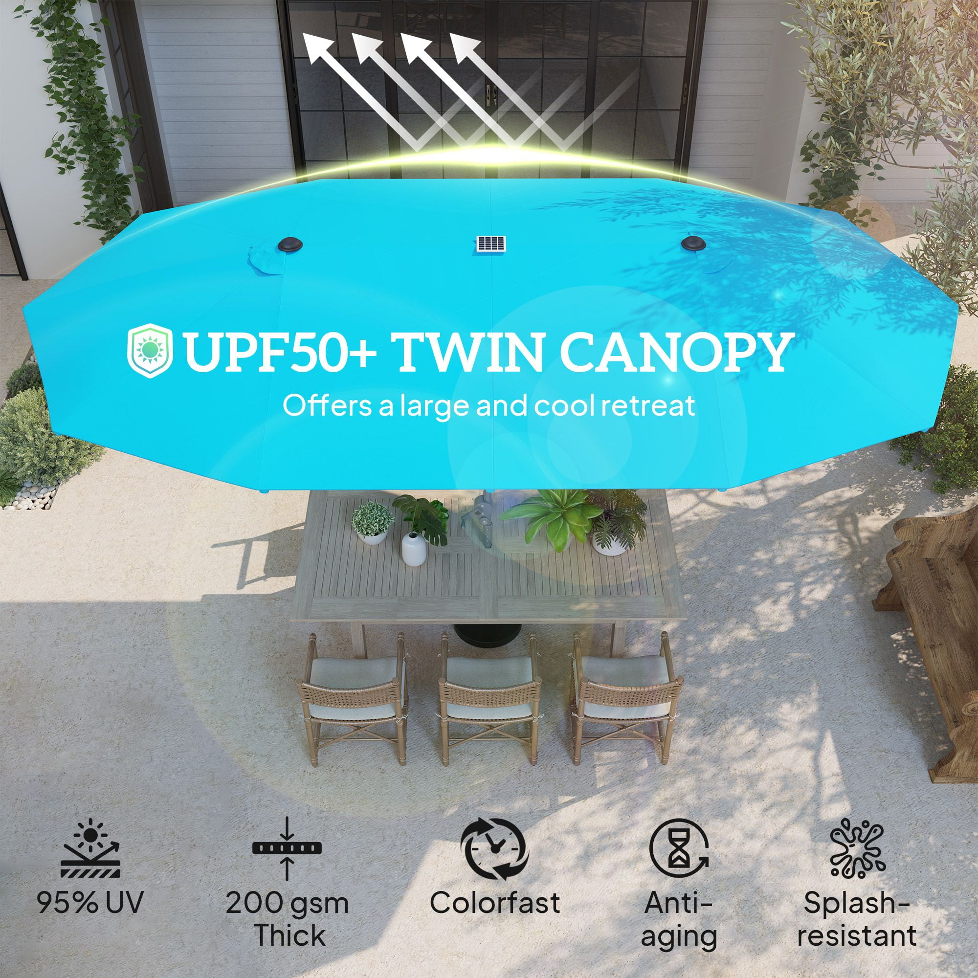 Dranite 15ft Double-Sided Aluminum Patio Umbrella with Solar Lights, UPF50+ & Crank, Blue