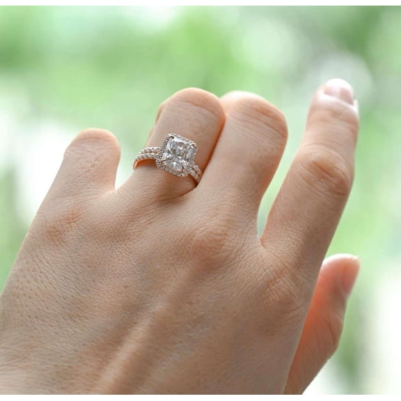 vylahjewellery Luxury Moissanite Engagement Ring Double Band Vermeil Rose Gold Anniversary Ring Customize Wedding Jewelery Halo Radiant Shape Birthday Gift For Her