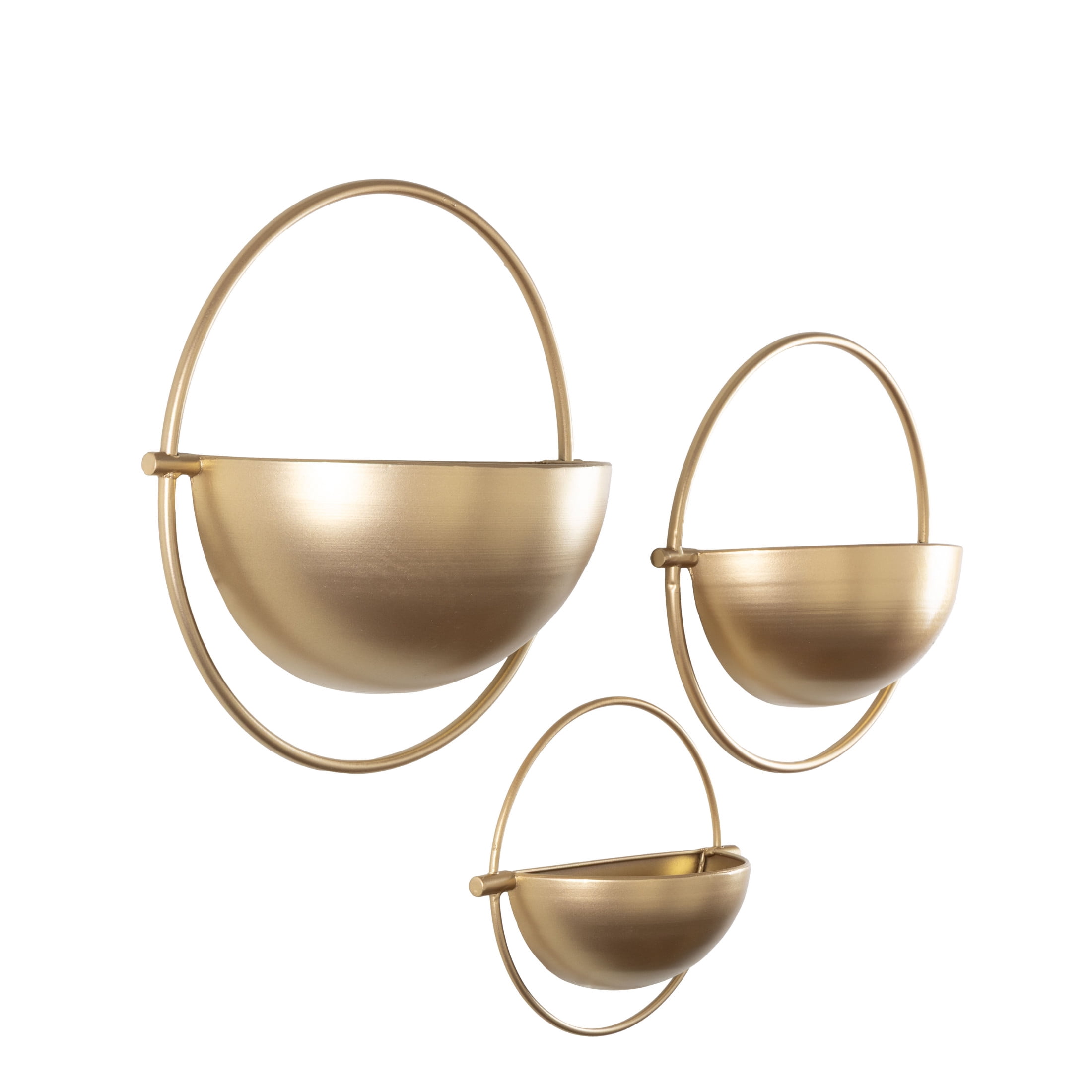 DecMode 15", 13", 10"H Round Gold Metal Geometric Wall Planter (3 Count)