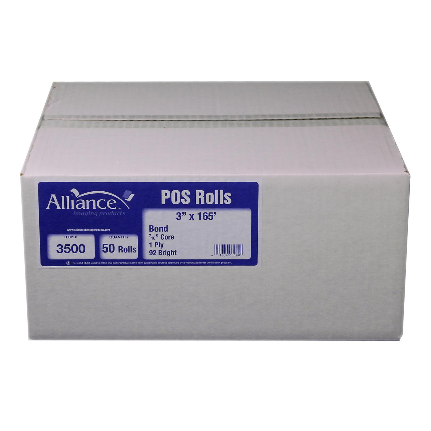 Alliance Bond Paper Receipt Rolls, 3"x165', 50 Rolls