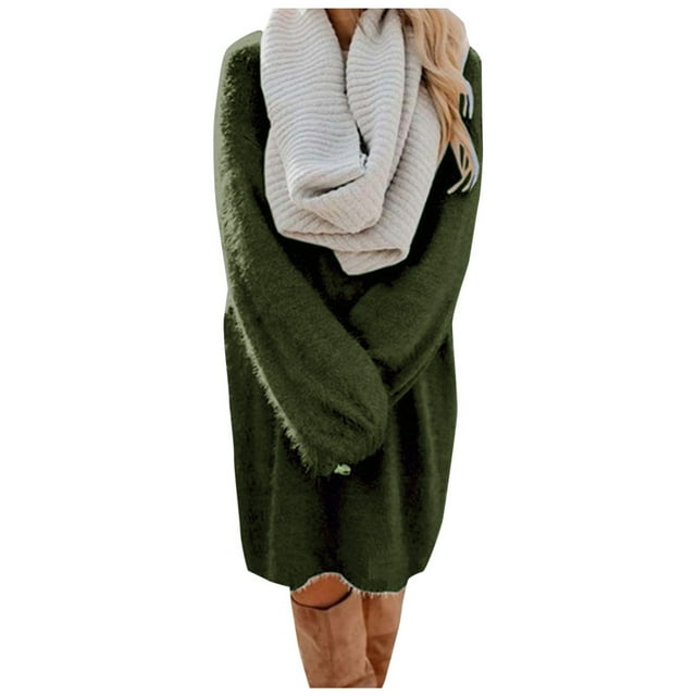 WTXUE Plus Robes Taille, Robes en Tricot à Manches Longues, Col Rond en Ligne A, Robe Chandail Tendance à Manches Longues, Robes Chandail Unies, Vestidos Mi-Longues pour Femmes Grande Taille, Vert Taille m(US:4)