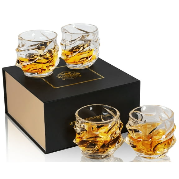 Whiskey Glasses Set of 4 - 11oz Rock Glassware - Bourbon Glass Tumblers for Men - Unique Elegant Gift Box