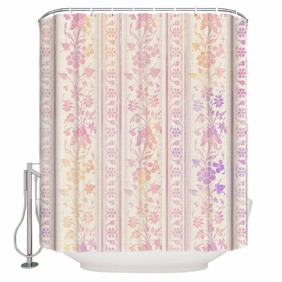 Fabric Shower Curtain, Purple Ombre Flowers Striped Rustic Linen Floral Shower Curtains with 12 Hooks Waterproof Machine Washable Bath Curtains for Bathroom, 54 x 78in