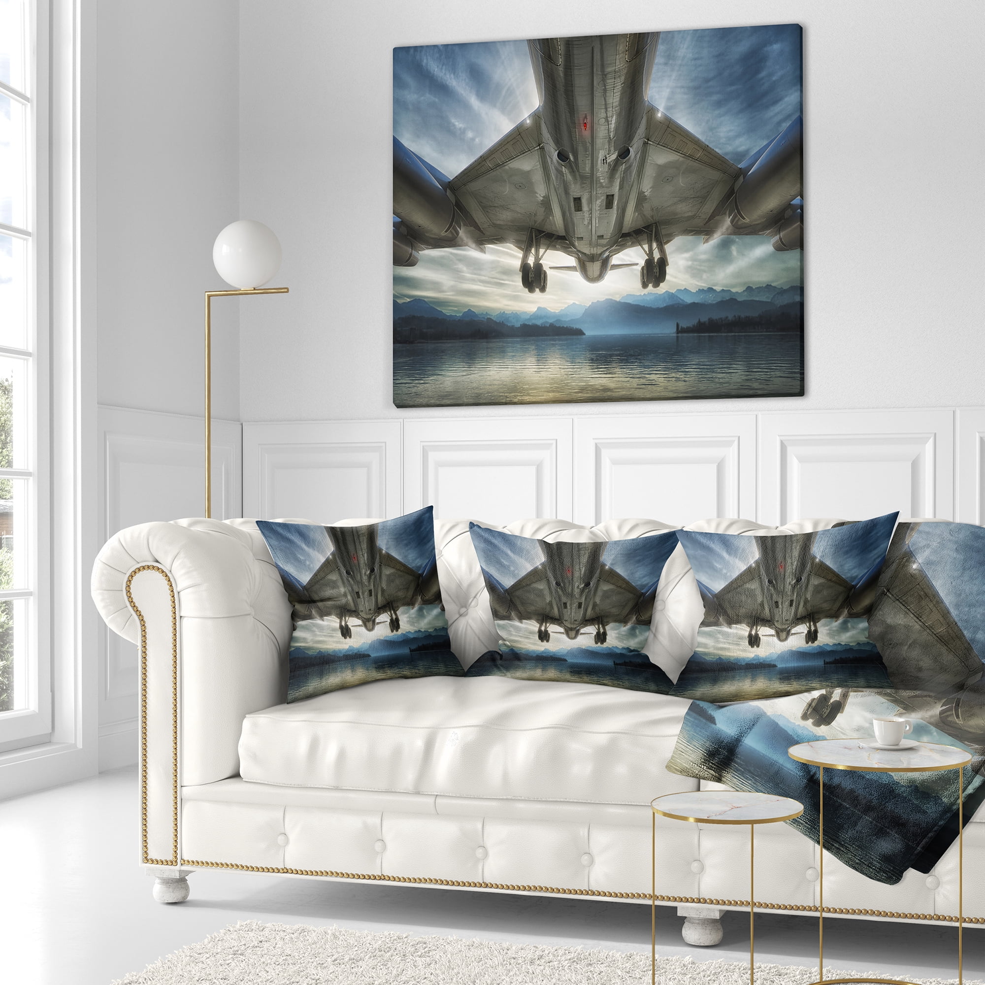 Designart Plane Over Beach and Sea - Seashore Photography Throw Pillow - 18x18