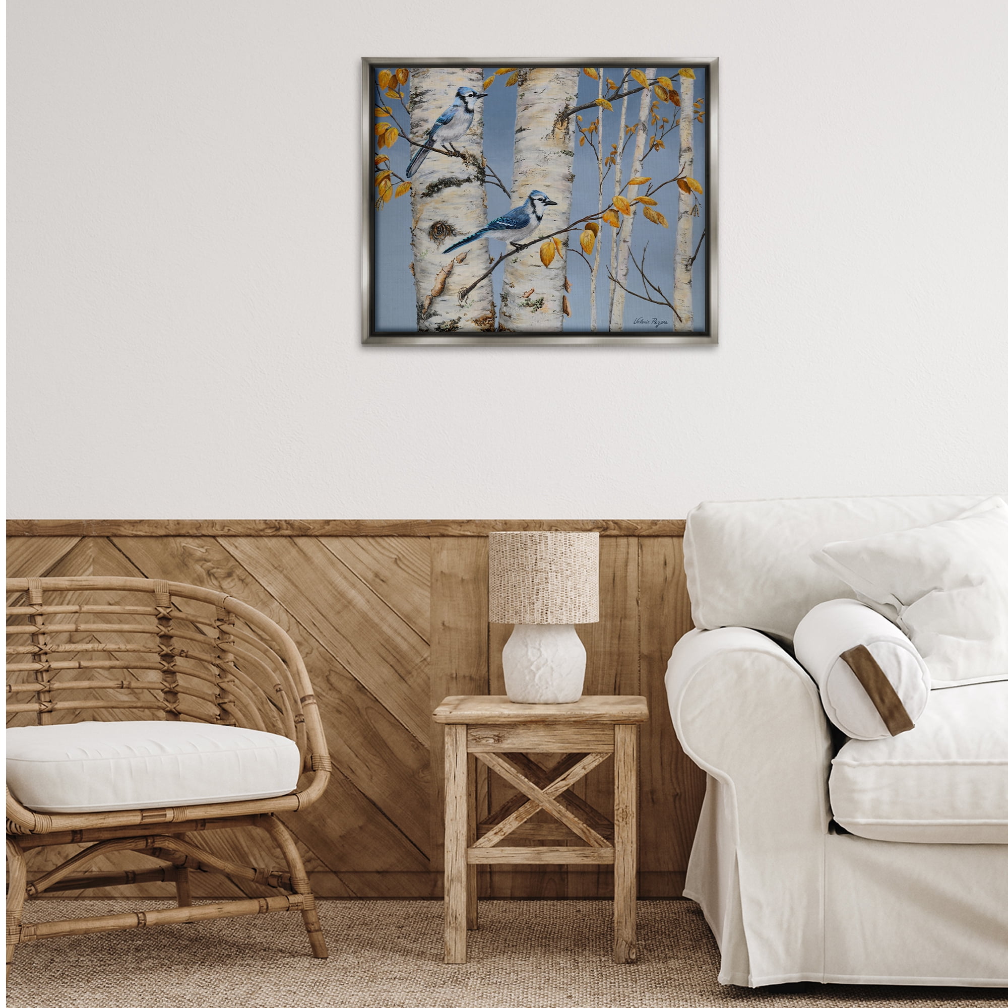 Stupell Industries Blue Jay Autumn Day Landscape & Nature Painting Gray Floater Framed Canvas Art Print Wall Art, 31 x 25