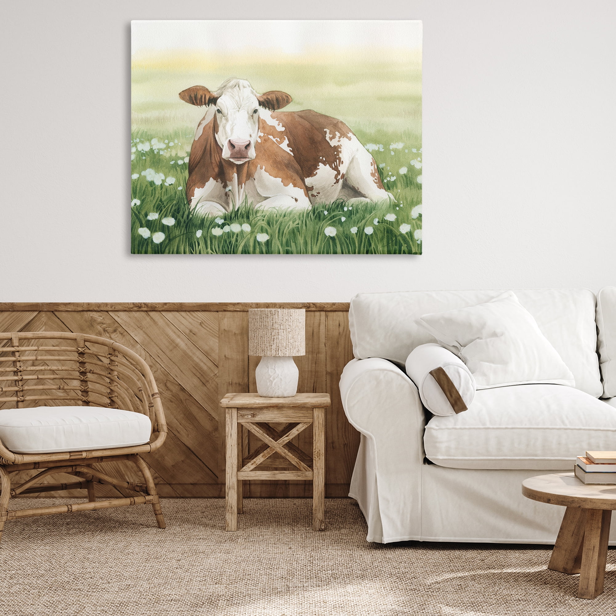 Stupell Industries Cow & Meadow Blossoms Animals & Insects Painting Gallery Wrapped Canvas Art Print Wall Art, 48 x 36