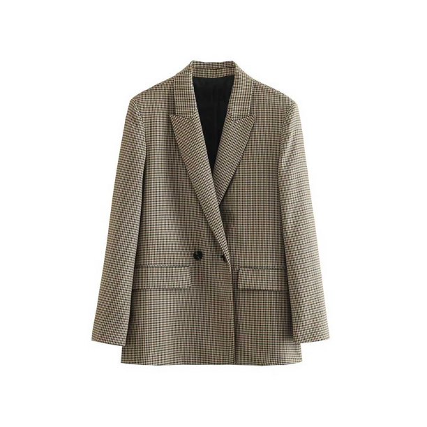 TRAF-chaqueta a cuadros de doble botonadura para mujer, abrigo Vintage de manga larga con bolsillos y solapa, prendas de vestir exteriores, prendas de vestir elegantes
