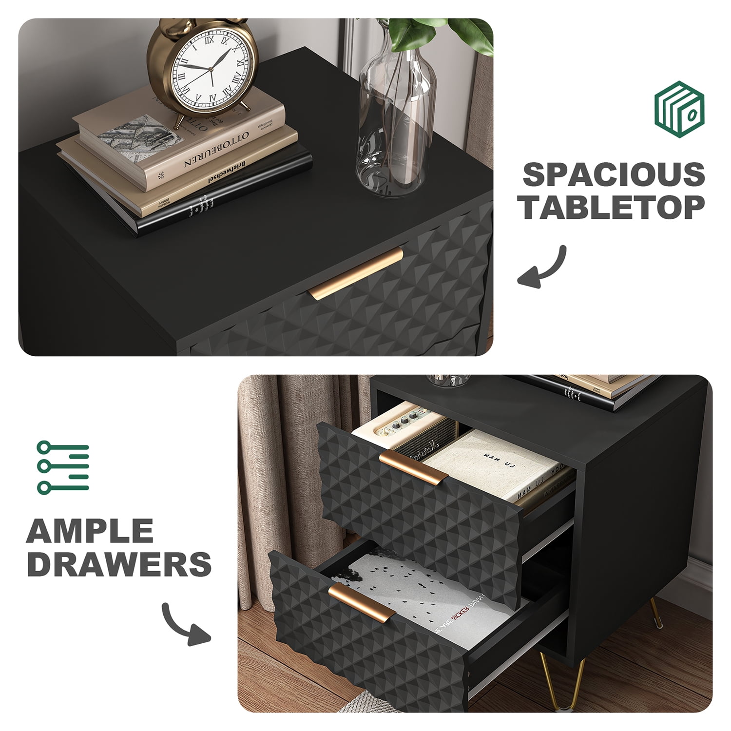 Finihen Carved Nightstand Single, Luxury Carving Board 2-Drawer Night Stand Bed Side Table with Metal Legs, for Bedroom Living Room, Black Finihen Carved Nightstand Single, Luxury Carving Board 2-Drawer Night Stand Bed Side Table with Metal Legs, for Bedroom Living Room, Black