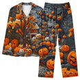 thumbnail image 2 of QIUOMBBP Halloween Pajamas for Women 2 Piece Sets Cute Pumpkin Print Long Sleeve Button Up Shirt and Wide Leg Pants Pjs Outfits Loungewear, Orange, S, 2 of 5