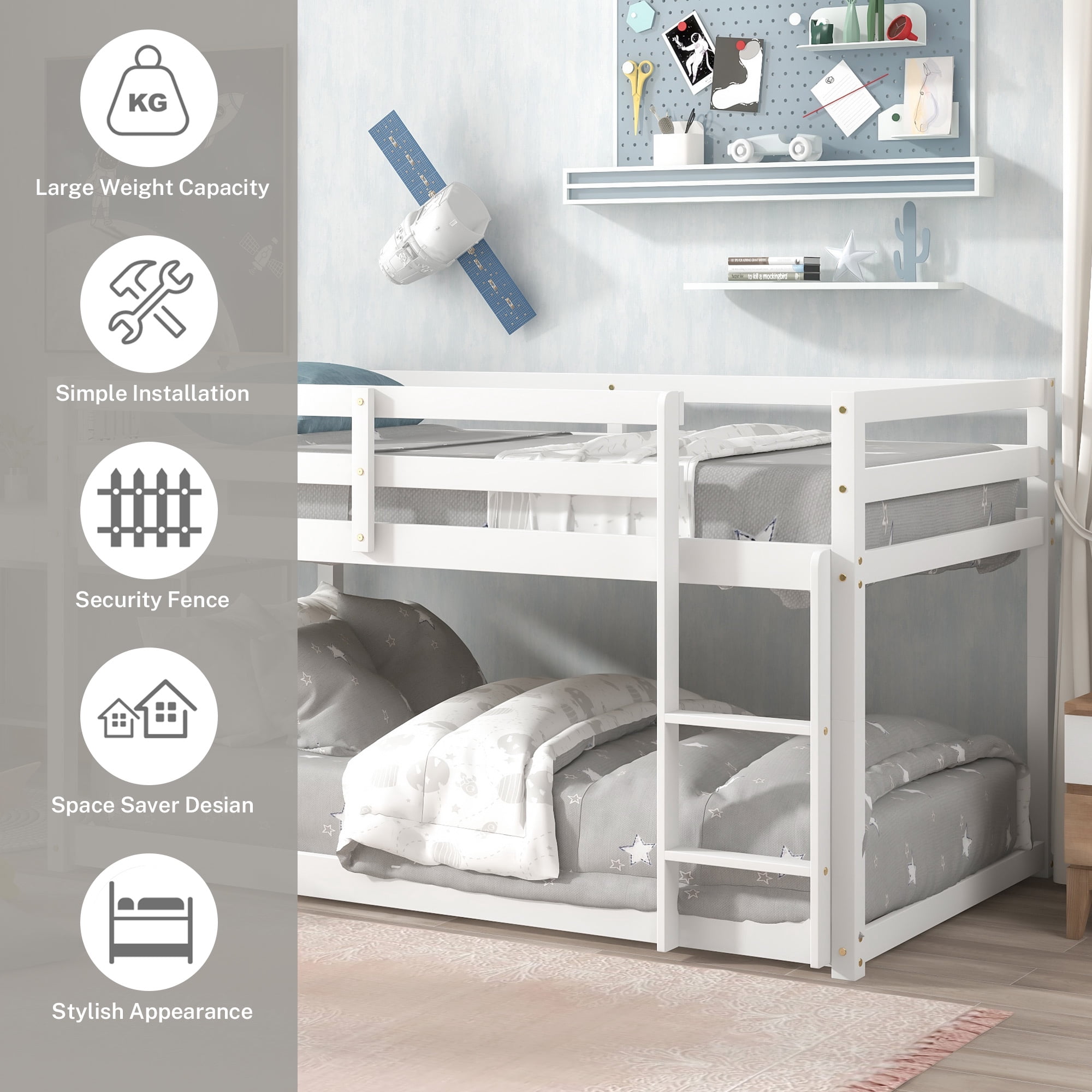 PORKISS Bunk Bed Twin Over Twin, Low Floor Bunk Bed for Kids with Guard Rails for Dorm, Small Space, No Box Spring Needed, White