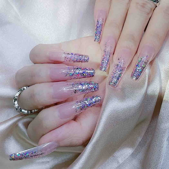 Bling Sequins False Nails Coffin Extra Long Press on Nails Shimmer Acrylic Fake Nails with Designs for Women and Girls (Pink) Pink 1 Count (Pack of 1)