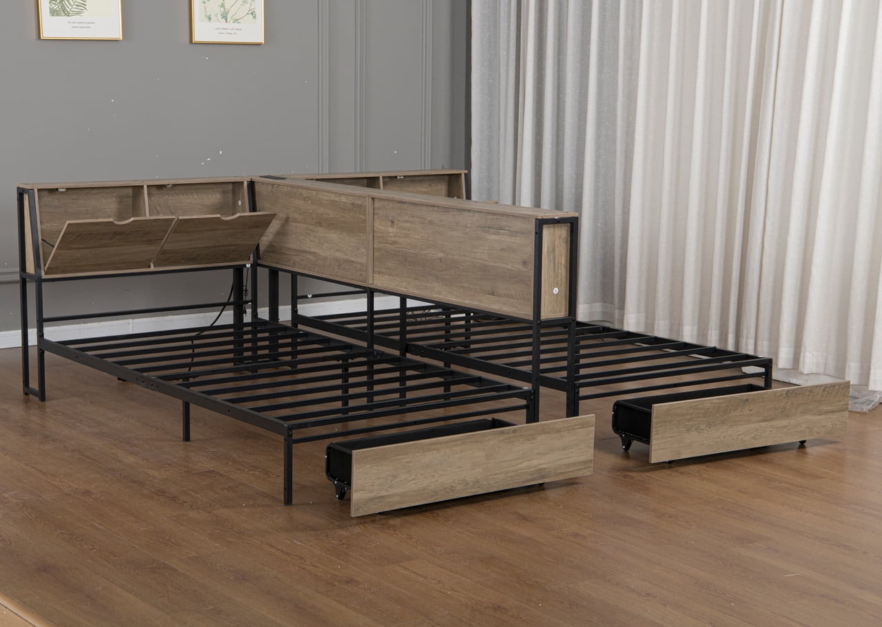 2 x Twin Size Metal Platform Bed Frame with Storage Headboard, Detachable Daybed with LED Lights, Drawers and Side Shelves