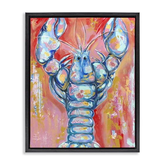 Stupell Industries Abstract Patchwork Lobster Nautical & Beach Painting Black Floater Framed Canvas Art Print Wall Art, 17 x 21