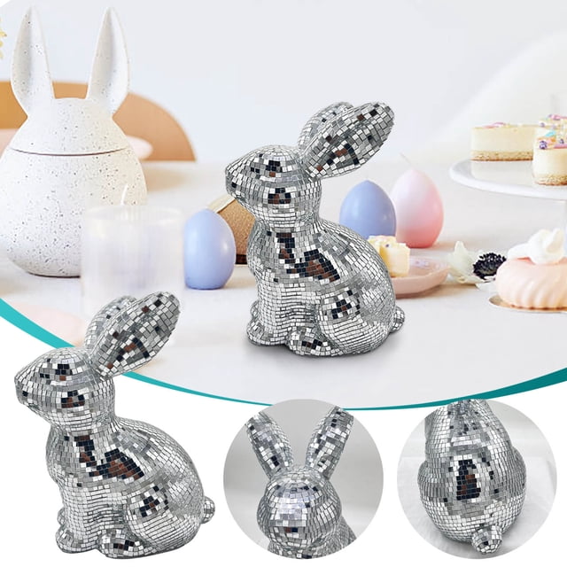 QIPOPIQ Decorative Rabbit Prop for Disco Party Reflective Mirror Animal Ornament Disco Themed Rabbit Decor Rabbit Disco Ball Disco Animal Ornament
