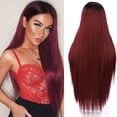 thumbnail image 1 of GFDYREE Long Ombre Red Wig Long Straight Red Wig for Women with Small Piece Lace Black Roots Wine Red Lace Front Wig for Party Daily Lace Front Wig 24 Inches, 1 of 7