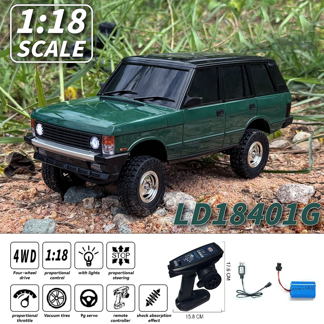 Off-Road RC Car, 1/18 Scale 2.4G 3CH 4WD RC Crawler Car with Flip-up Headlights, RTR Hobby Grade Collectible Model Gift for Adults & Hobbyists