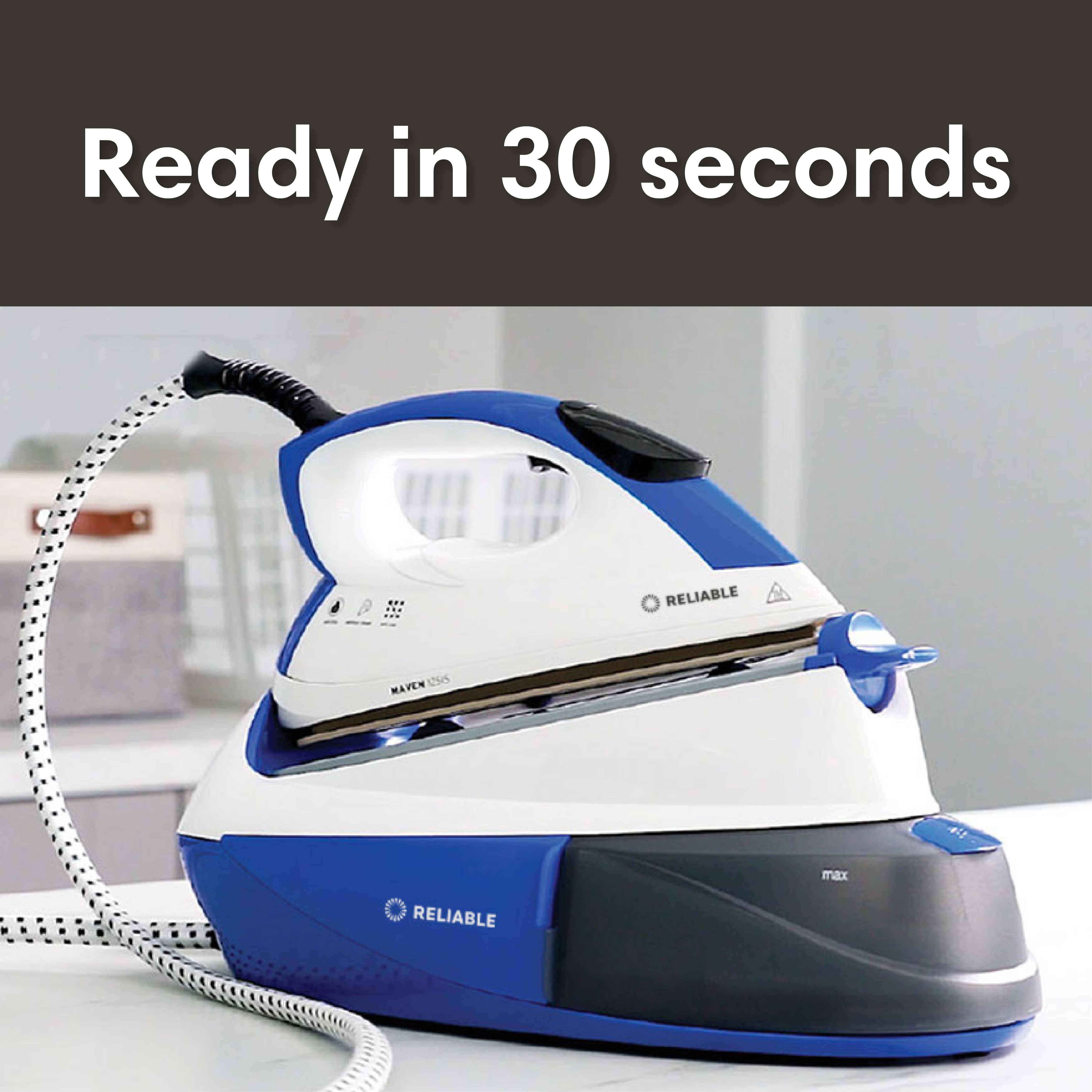 Reliable Maven 1L Home Ironing Station with Ceramic Soleplate and Auto Shut-Off, White & Blue