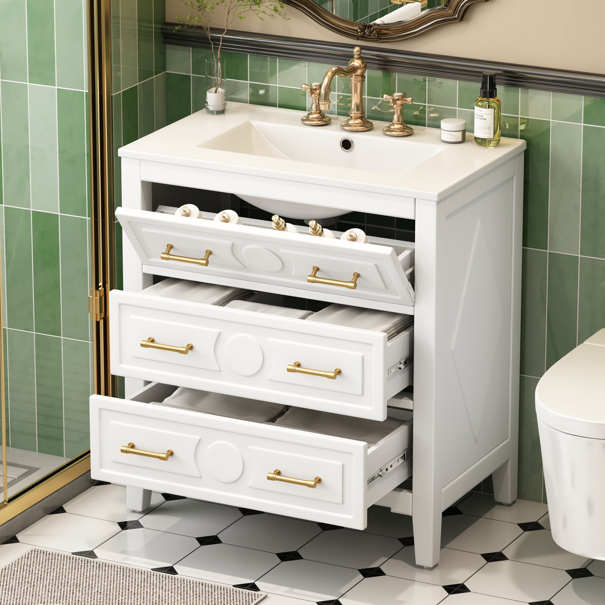 Euroco 30'' Bathroom Vanity with Ceramic Sink Combo, Free Standing Single Vanity Set with 3 Drawers, Solid Wood Frame Bathroom Storage Cabinet