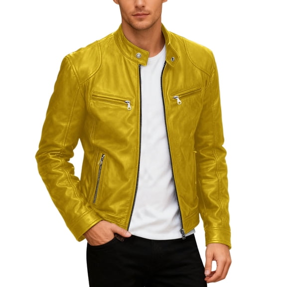 Fgnfyis Mens Jacket Motorcycle Leather Jacket Stand Collar Punk Style Outerwear Coat for Casual Wear and Riding Windproof Coats for Men Yellow S
