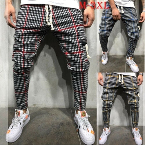 Gym Mens Casual Trousers Plaid Tracksuit Bottoms Slim Fit Skinny Joggers  Sweat Track Pants 