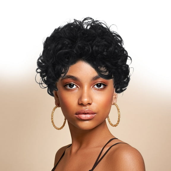 SEWCHICS Natural Bangs Black Curly Short Wig Lightweight Synthetic Hair for Stylish Looks