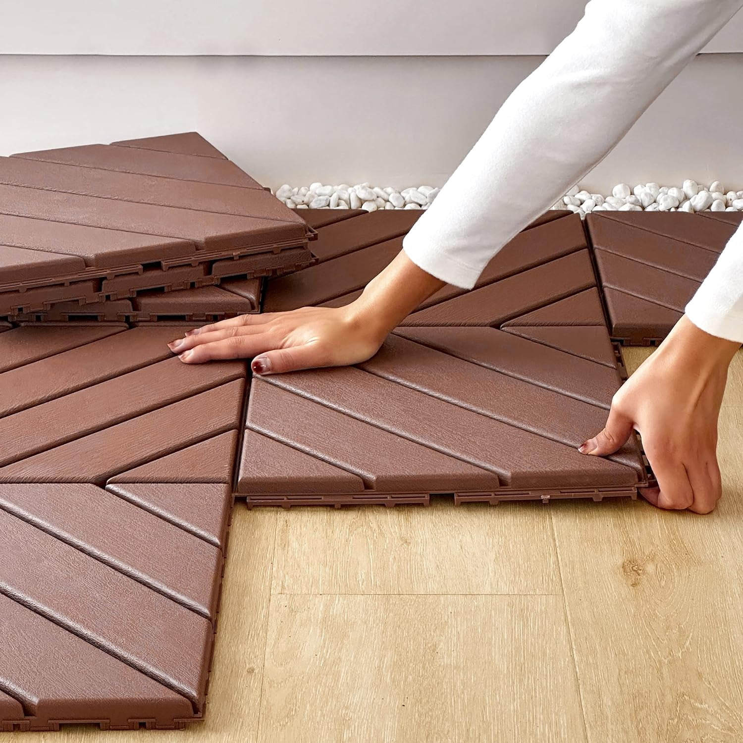 Miniyam Interlocking Deck Tiles, 44 Packs 11.8"x11.8" Waterproof Patio Floor Decking Tiles for Porch Poolside Balcony Backyard, All Weather Use, Brown(Diagonal line)