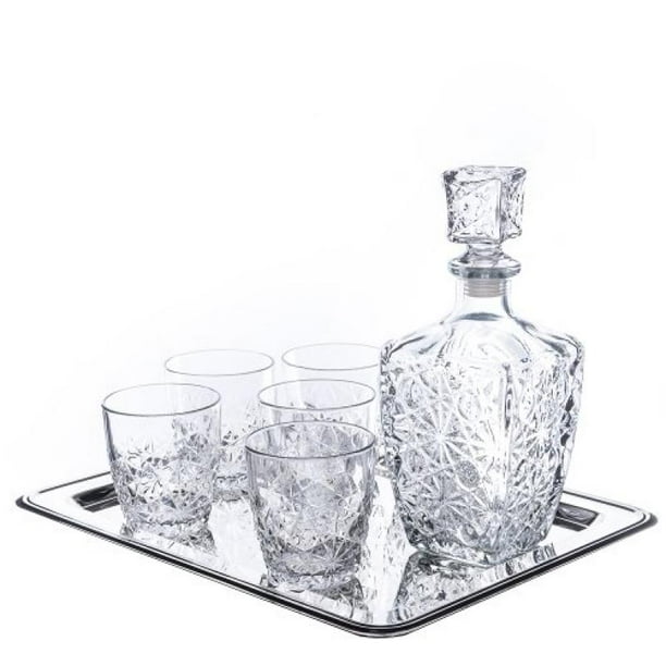 Dedalo 8 Piece Whiskey Barware Drink Set With 6 Double Old Fashioned Glasses Silver Plated Rectangular Mirror Tray And Star Design Square Decanter Walmart Com Walmart Com