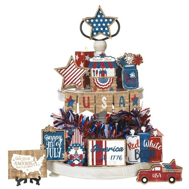 Husfou Patriotic Tiered Tray Decor Set, 15 Pack Wooden 4th of July Tabletop Decorations, Independence Day Table Centerpiece for Memorial Day