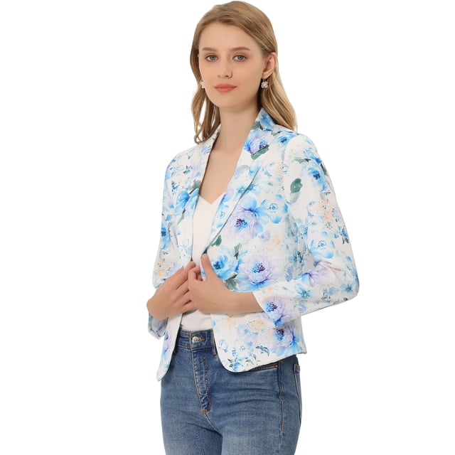 Chaqueta abierta Allegra K traje de trabajo oficina mujeres Blanco Azul Claro-floral XS