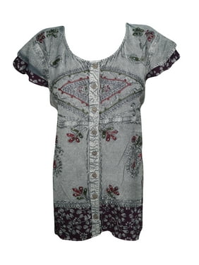 Mogul Women's Top Blouse Embroidered Stonewashed Button Front Cap Sleeves Tunic Tops S/M