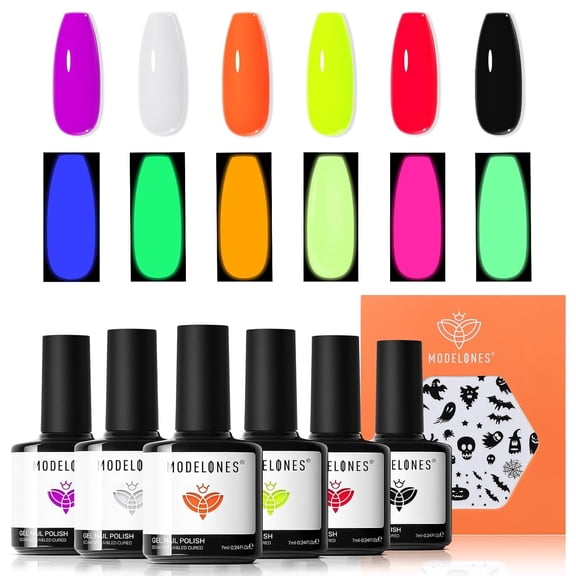modelones Halloween Gel Nail Polish Set, Glow in the Dark Fluorescent Shade | 6 Colors Neon Pumpkin Orange Green Purple Hot Pink White Black Fall Gel Polish Set, with Nail Stickers, Soak Off UV Nail