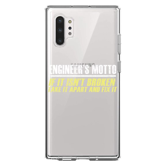 DistinctInk Clear Shockproof Hybrid Case for Galaxy Note 10 PLUS (6.8" Screen) - TPU Bumper Acrylic Back Tempered Glass Screen Protector - Engineer's Motto If Isn't Broken Fix It