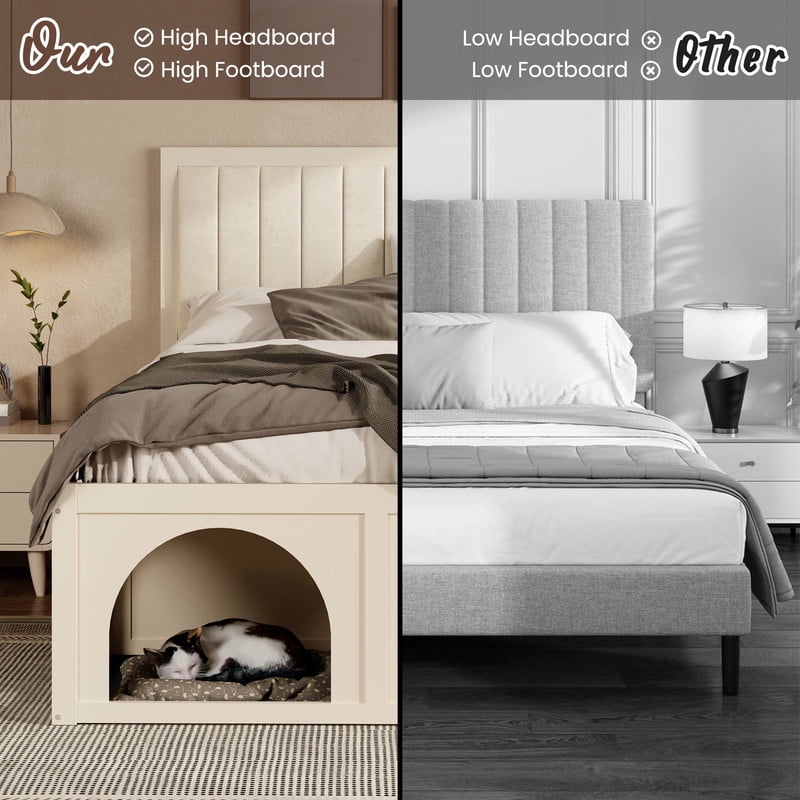 Full Size Pet-Friendly Platform Bed with Under-Bed Pet Nooks, Heavy Duty Wooden Storage Bed Frame with Padded Headboard