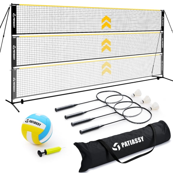 Patiassy Volleyball & Badminton Set for Family – 17FT Portable Adjustable Net System with Rackets & Shuttlecocks, Easy Setup Outdoor Game for Yard, Beach & Park