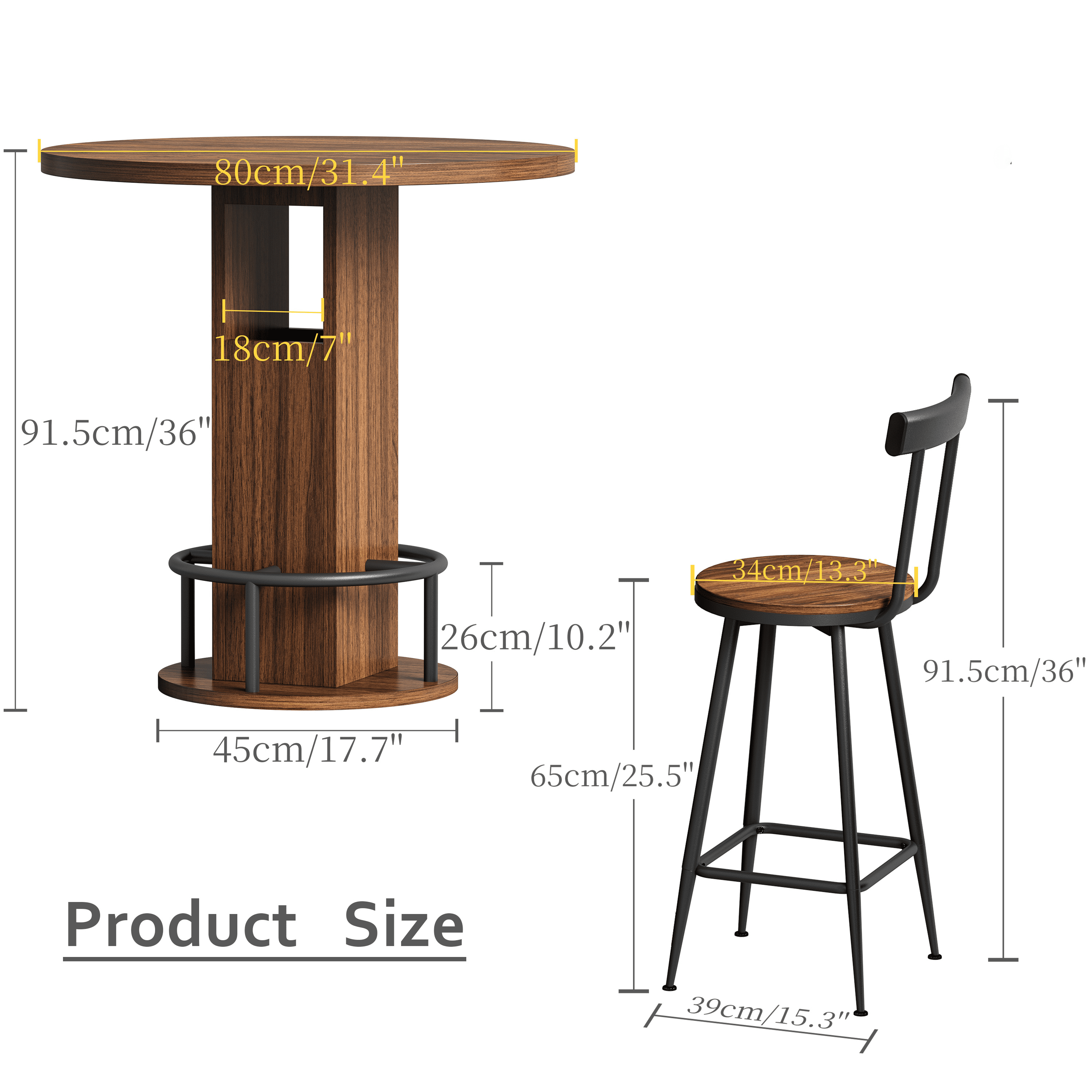 Leumius 3-Piece Bar Table Set with 2 Stools,31.5" Round Pub Table with Metal Ring Footrest,Space-Saving Dining Set for Kitchen,Living Room,Small Space,Walnut