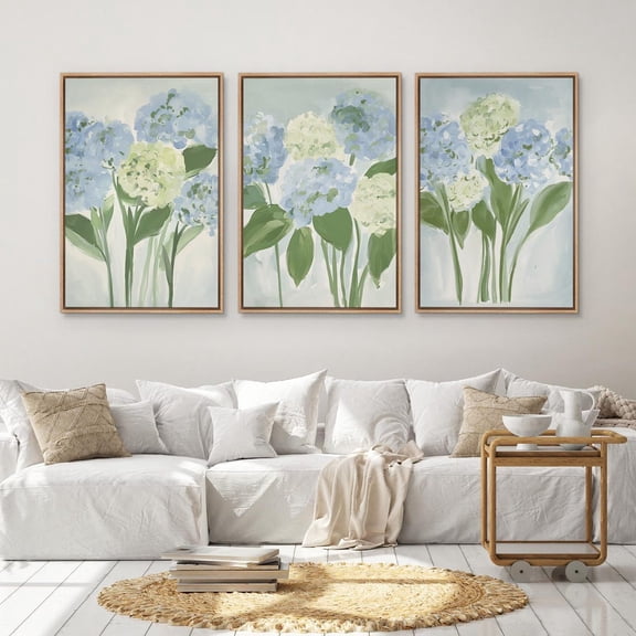 UNFFRAMED Hydrangea Floral Wall Art, Set Of 3 Botanical Prints, Soft Blue & Green Triptych For Bedroom Or Living Room Decor Set 3 Prints 8x12