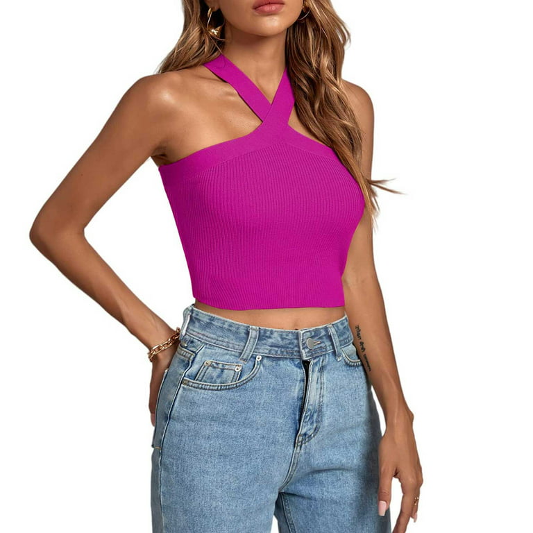 Women's Spring And Summer Cross Strap Open Back Strap Tank Top Knitted  Tight Top Backless Knitting Halter Camisole Cropped Tank Tops For Women  ,Pink,M