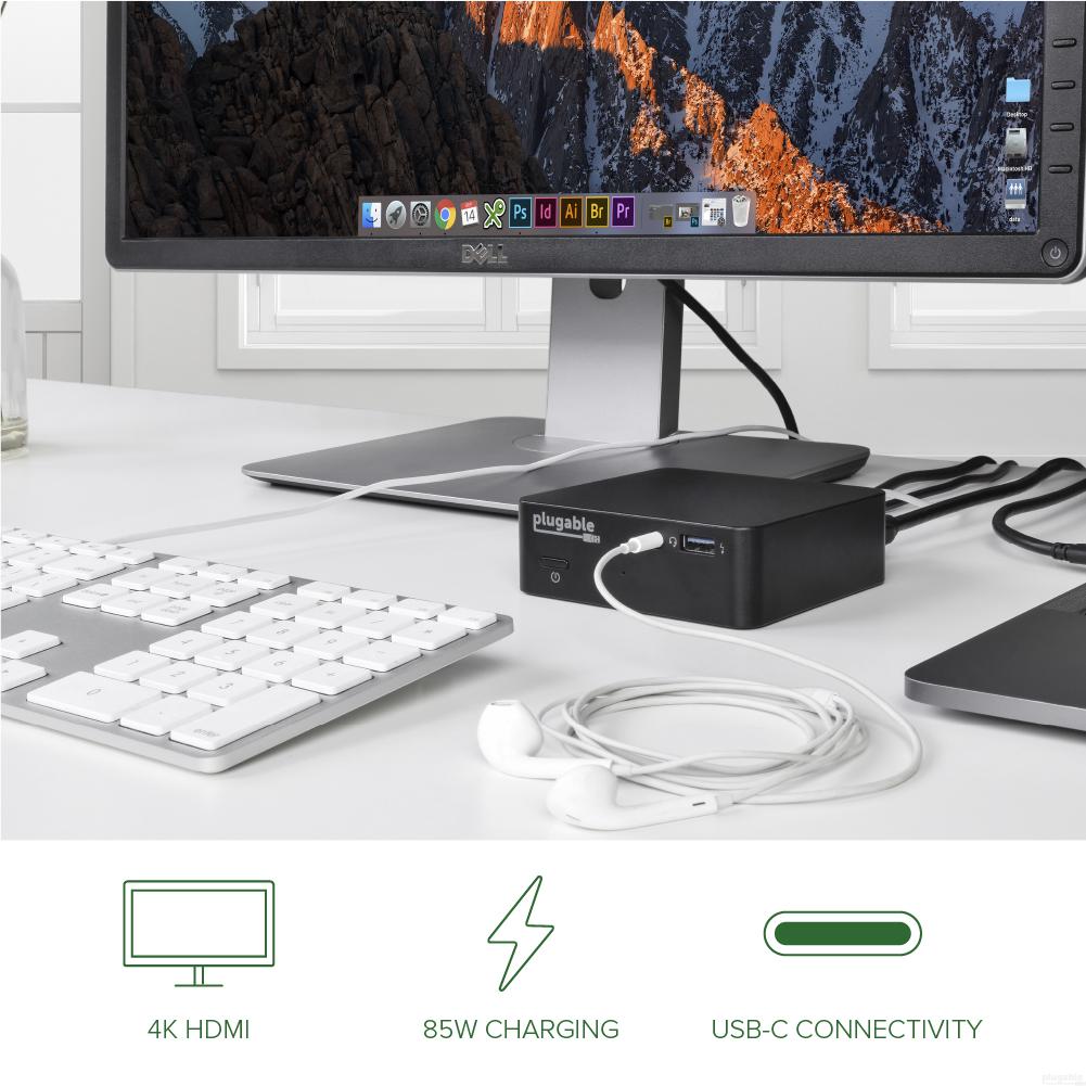 Plugable USB C Dock with 85W Charging Compatible with Thunderbolt 3 and USB-C MacBooks and Select Windows Laptops (HDMI up to 4K@30Hz, Ethernet, 4X USB 3.0 Ports, USB-C PD, includes VESA Mount) - image 3 of 6
