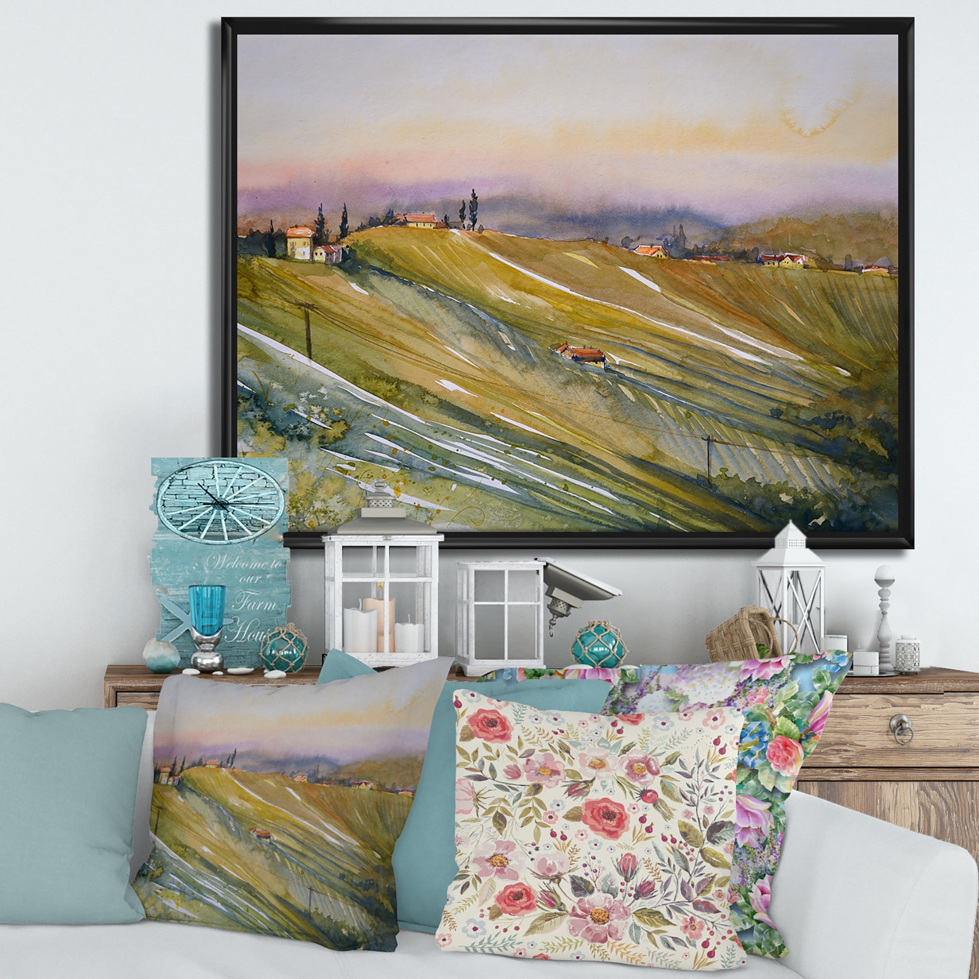 Designart 'Vineyard At Morning In Tuscany Italy' Country Framed Canvas Wall Art Print