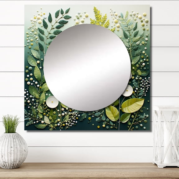 Designart "Green And White Ferns Plant delicate Whispers" Floral Green Large Square Mirror - Square Bedroom Mirror Printed Wall Decor - Modern Square Printed Wall Mirror Art