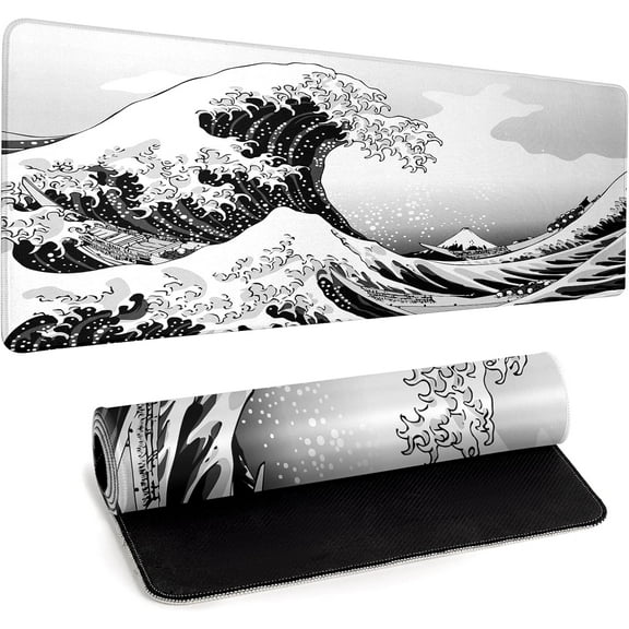 Sea Wave Large Gaming Mouse Pad Desk Pad with Stitched Edge 31.5''x11.8'' Mousepad Computer Keyboard Pad Non-Slip Rubber Base Desk Mat for Game,Work,Study