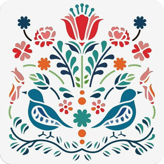 Colorful Folk Arts Painting Stencil 11.8x11.8 Inch Splicing Flower Stencils Hollow Out Drawing Template for Canvas Wood Fabric Paper Walls Furniture