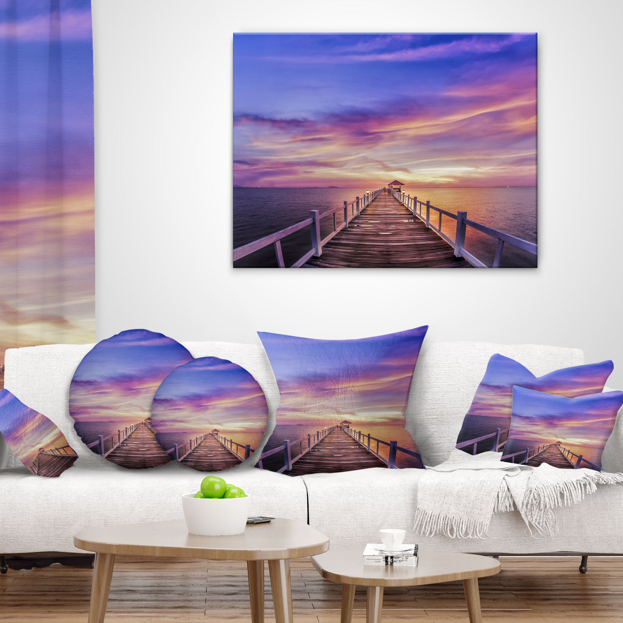 Designart Wooden Bridge under Purple Sky - Pier Seascape Throw Pillow - 18x18