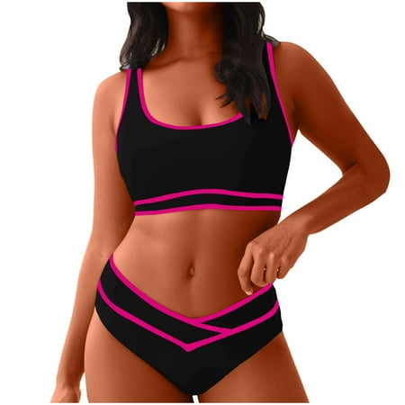 2 Piece Swimsuit for Women High Waisted V Neck Bikini Tops Bathing Suit Wide Straps Swim Bra Padded Swimsuit Two Piece Sporty High Cut Bathing Suit 2025 Push Up Swimwear Trajes De BañO Clearance L