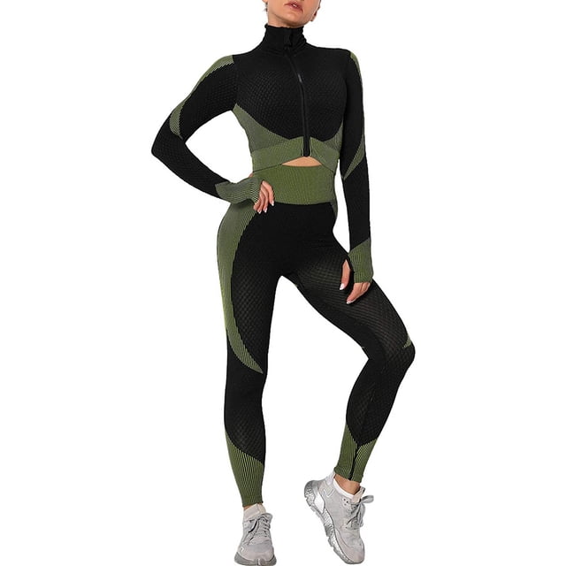 Chándal de entrenamiento para mujer Conjunto de 2 piezas Leggings de cintura alta y Top corto de manga larga Ropa deportiva de yoga con cremallera frontal Adepaton LRWJ007-18