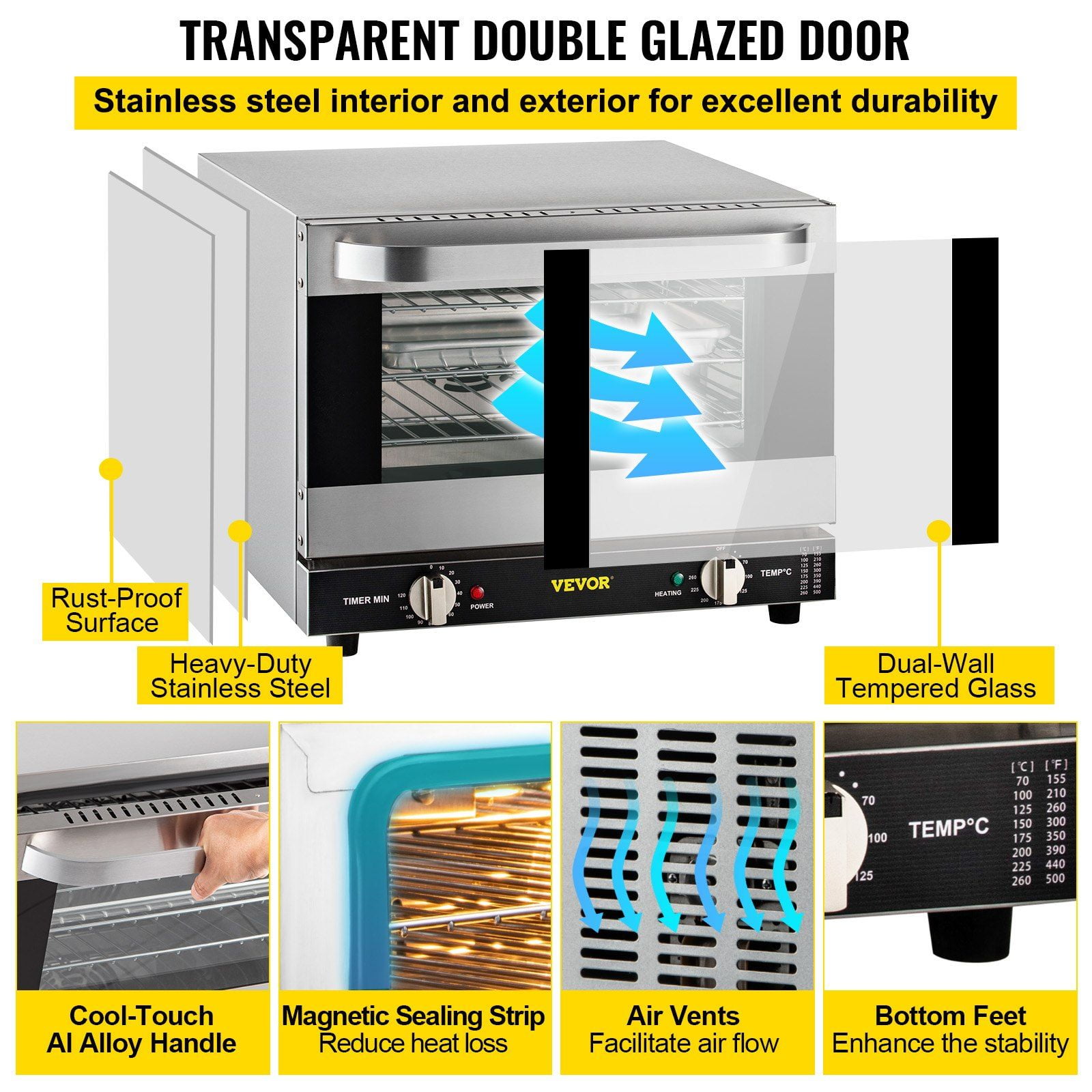 Commercial Convection Oven, 21L Capacity, 1440W Countertop Baking Oven with 3 Tiers, Front Glass Door & Accessories Kit