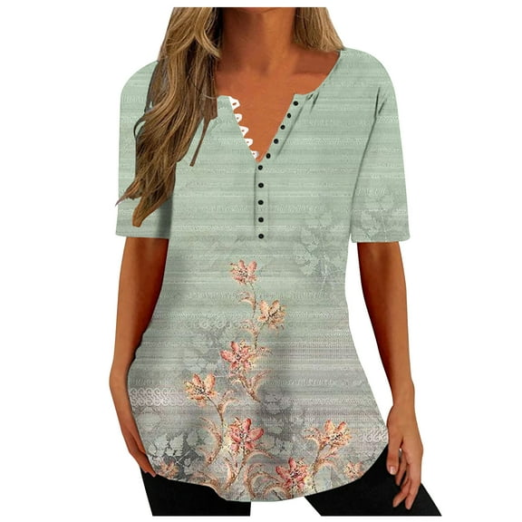 GERsome Women's Casual Floral Print V Neck Short Sleeve Summer Shirts Tops Loose Blouses