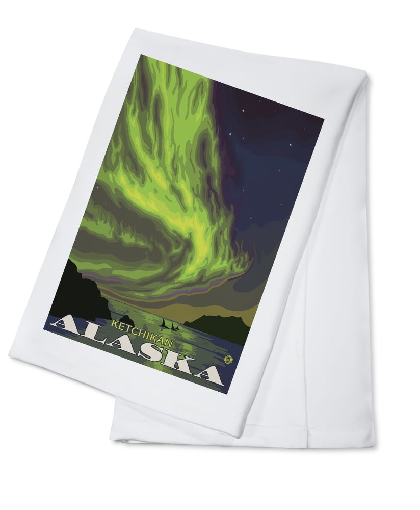 Northern Lights and Orcas, Ketchikan, Alaska (100 Cotton Tea Towel