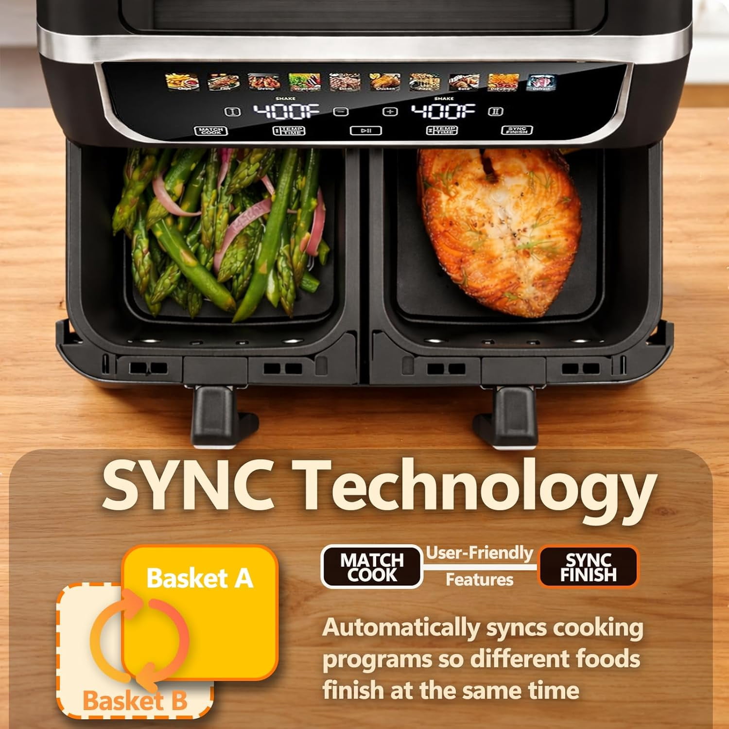 VANECL 9.5QT Dual Basket Air Fryer, Independent Temp Control, Sync Setting, Shake Reminder, 10 Presets: Bake/Roast/Broil/Dehydrate, Black